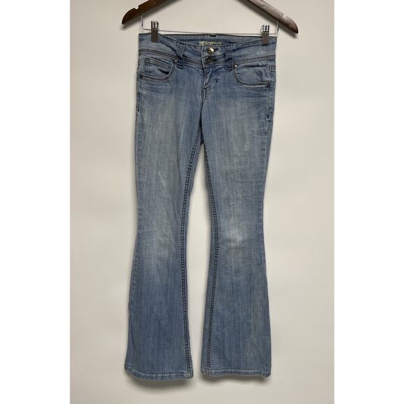 VTG Y2K l.e.i. Flared Ashley Low Rise Denim 28x31.5 Sz 5 Flip Fold Pocket - Picture 1 of 11